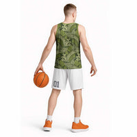 Olive Green Monstera Basketball Jersey Polynesian Tribal Pattern - Polynesian Pride