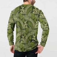 Olive Green Monstera Button Sweatshirt Polynesian Tribal Pattern - Polynesian Pride