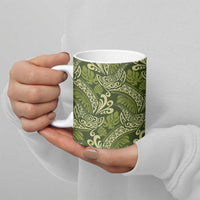 Olive Green Monstera Ceramic Mug Polynesian Tribal Pattern - Polynesian Pride