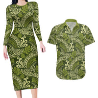Olive Green Monstera Couples Matching Long Sleeve Bodycon Dress and Hawaiian Shirt Polynesian Tribal Pattern - Polynesian Pride