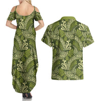 Olive Green Monstera Couples Matching Summer Maxi Dress and Hawaiian Shirt Polynesian Tribal Pattern - Polynesian Pride