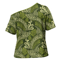 Olive Green Monstera Cross Shoulder Shirt Polynesian Tribal Pattern - Polynesian Pride