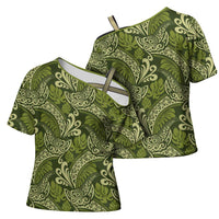 Olive Green Monstera Cross Shoulder Shirt Polynesian Tribal Pattern - Polynesian Pride