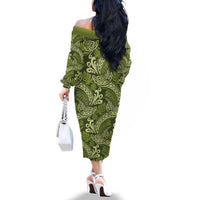 Olive Green Monstera Family Matching Off The Shoulder Long Sleeve Dress and Hawaiian Shirt Polynesian Tribal Pattern - Polynesian Pride