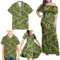 Olive Green Monstera Family Matching Off Shoulder Maxi Dress and Hawaiian Shirt Polynesian Tribal Pattern - Polynesian Pride