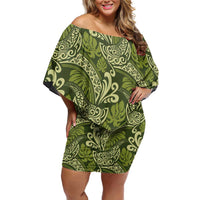 Olive Green Monstera Family Matching Off Shoulder Short Dress and Hawaiian Shirt Polynesian Tribal Pattern - Polynesian Pride