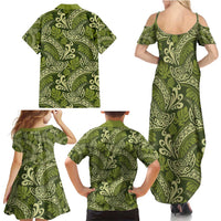 Olive Green Monstera Family Matching Summer Maxi Dress and Hawaiian Shirt Polynesian Tribal Pattern - Polynesian Pride