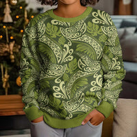 Olive Green Monstera Kid Ugly Christmas Sweater Polynesian Tribal Pattern - Polynesian Pride