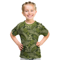 Olive Green Monstera Kid T Shirt Polynesian Tribal Pattern - Polynesian Pride