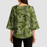 Olive Green Monstera Kimono Sleeve Blouse Polynesian Tribal Pattern - Polynesian Pride