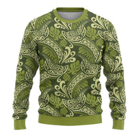 Olive Green Monstera Ugly Christmas Sweater Polynesian Tribal Pattern - Polynesian Pride
