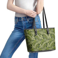 Olive Green Monstera Leather Tote Bag Polynesian Tribal Pattern - Polynesian Pride