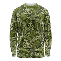 Olive Green Monstera Long Sleeve Shirt Polynesian Tribal Pattern - Polynesian Pride