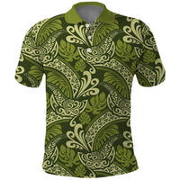 Olive Green Monstera Polo Shirt Polynesian Tribal Pattern - Polynesian Pride