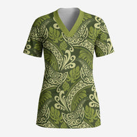 Olive Green Monstera Scrub Top Polynesian Tribal Pattern - Polynesian Pride