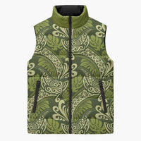 Olive Green Monstera Sleeveless Puffer Jacket Polynesian Tribal Pattern - Polynesian Pride