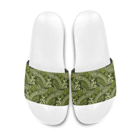 Olive Green Monstera Slide Sandals Polynesian Tribal Pattern - Polynesian Pride