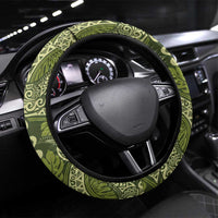 Olive Green Monstera Steering Wheel Cover Polynesian Tribal Pattern - Polynesian Pride