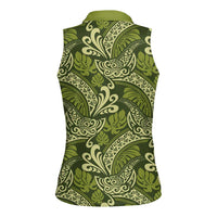 Olive Green Monstera Women Sleeveless Polo Shirt Polynesian Tribal Pattern - Polynesian Pride