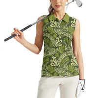 Olive Green Monstera Women Sleeveless Polo Shirt Polynesian Tribal Pattern - Polynesian Pride