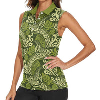 Olive Green Monstera Women Sleeveless Polo Shirt Polynesian Tribal Pattern - Polynesian Pride