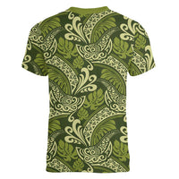 Olive Green Monstera Women V-Neck T-Shirt Polynesian Tribal Pattern - Polynesian Pride