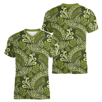 Olive Green Monstera Women V-Neck T-Shirt Polynesian Tribal Pattern - Polynesian Pride