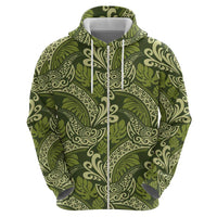 Olive Green Monstera Zip Hoodie Polynesian Tribal Pattern - Polynesian Pride