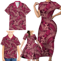 Sweet Pink Monstera Family Matching Short Sleeve Bodycon Dress and Hawaiian Shirt Polynesian Tribal Pattern - Polynesian Pride
