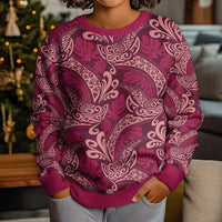 Sweet Pink Monstera Kid Ugly Christmas Sweater Polynesian Tribal Pattern - Polynesian Pride