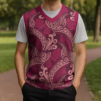 Sweet Pink Monstera Christmas Knitted V-Neck Vest Polynesian Tribal Pattern - Polynesian Pride