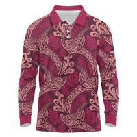 Sweet Pink Monstera Long Sleeve Polo Shirt Polynesian Tribal Pattern - Polynesian Pride