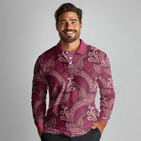 Sweet Pink Monstera Long Sleeve Polo Shirt Polynesian Tribal Pattern - Polynesian Pride