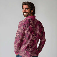 Sweet Pink Monstera Long Sleeve Polo Shirt Polynesian Tribal Pattern - Polynesian Pride