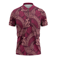 Sweet Pink Monstera Zipper Polo Shirt Polynesian Tribal Pattern - Polynesian Pride