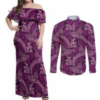 Royal Purple Monstera Couples Matching Off Shoulder Maxi Dress and Long Sleeve Button Shirt Polynesian Tribal Pattern - Polynesian Pride