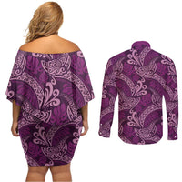 Royal Purple Monstera Couples Matching Off Shoulder Short Dress and Long Sleeve Button Shirt Polynesian Tribal Pattern - Polynesian Pride