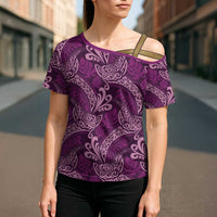 Royal Purple Monstera Cross Shoulder Shirt Polynesian Tribal Pattern - Polynesian Pride