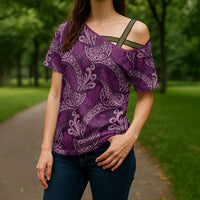 Royal Purple Monstera Cross Shoulder Shirt Polynesian Tribal Pattern - Polynesian Pride