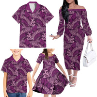 Royal Purple Monstera Family Matching Off The Shoulder Long Sleeve Dress and Hawaiian Shirt Polynesian Tribal Pattern - Polynesian Pride