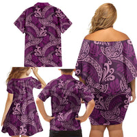 Royal Purple Monstera Family Matching Off Shoulder Short Dress and Hawaiian Shirt Polynesian Tribal Pattern - Polynesian Pride