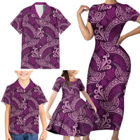 Royal Purple Monstera Family Matching Short Sleeve Bodycon Dress and Hawaiian Shirt Polynesian Tribal Pattern - Polynesian Pride