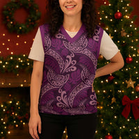 Royal Purple Monstera Christmas Knitted V-Neck Vest Polynesian Tribal Pattern - Polynesian Pride