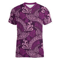 Royal Purple Monstera Women V-Neck T-Shirt Polynesian Tribal Pattern - Polynesian Pride