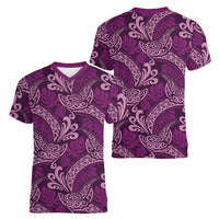 Royal Purple Monstera Women V-Neck T-Shirt Polynesian Tribal Pattern - Polynesian Pride
