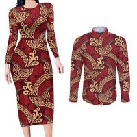 Luxury Red Monstera Couples Matching Long Sleeve Bodycon Dress and Long Sleeve Button Shirt Polynesian Tribal Pattern - Polynesian Pride