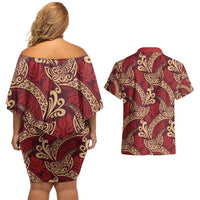 Luxury Red Monstera Couples Matching Off Shoulder Short Dress and Hawaiian Shirt Polynesian Tribal Pattern - Polynesian Pride