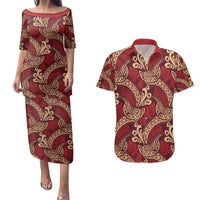 Luxury Red Monstera Couples Matching Puletasi and Hawaiian Shirt Polynesian Tribal Pattern - Polynesian Pride