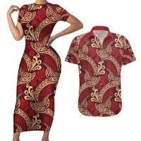 Luxury Red Monstera Couples Matching Short Sleeve Bodycon Dress and Hawaiian Shirt Polynesian Tribal Pattern - Polynesian Pride