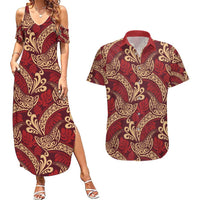 Luxury Red Monstera Couples Matching Summer Maxi Dress and Hawaiian Shirt Polynesian Tribal Pattern - Polynesian Pride